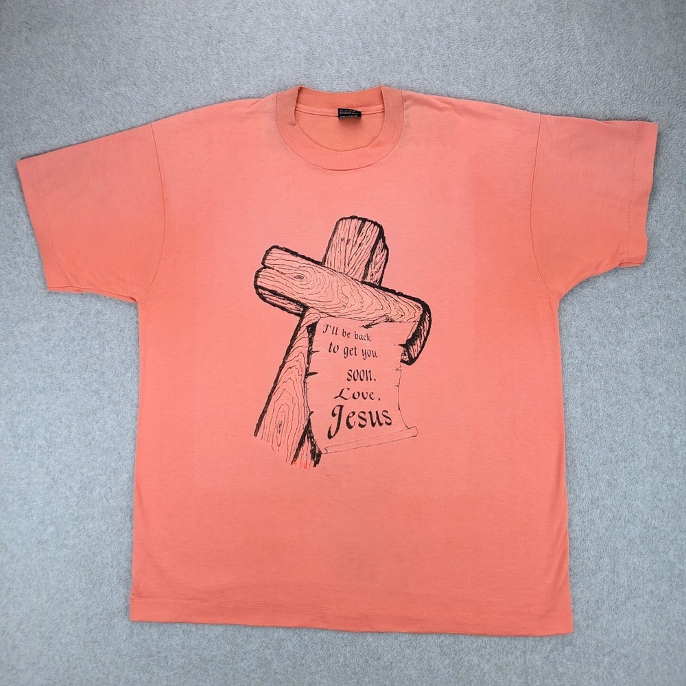 Fruit‎ of the Loom T-Shirt Mens XL Salmon Vintage Jesus Cross Single Stitch